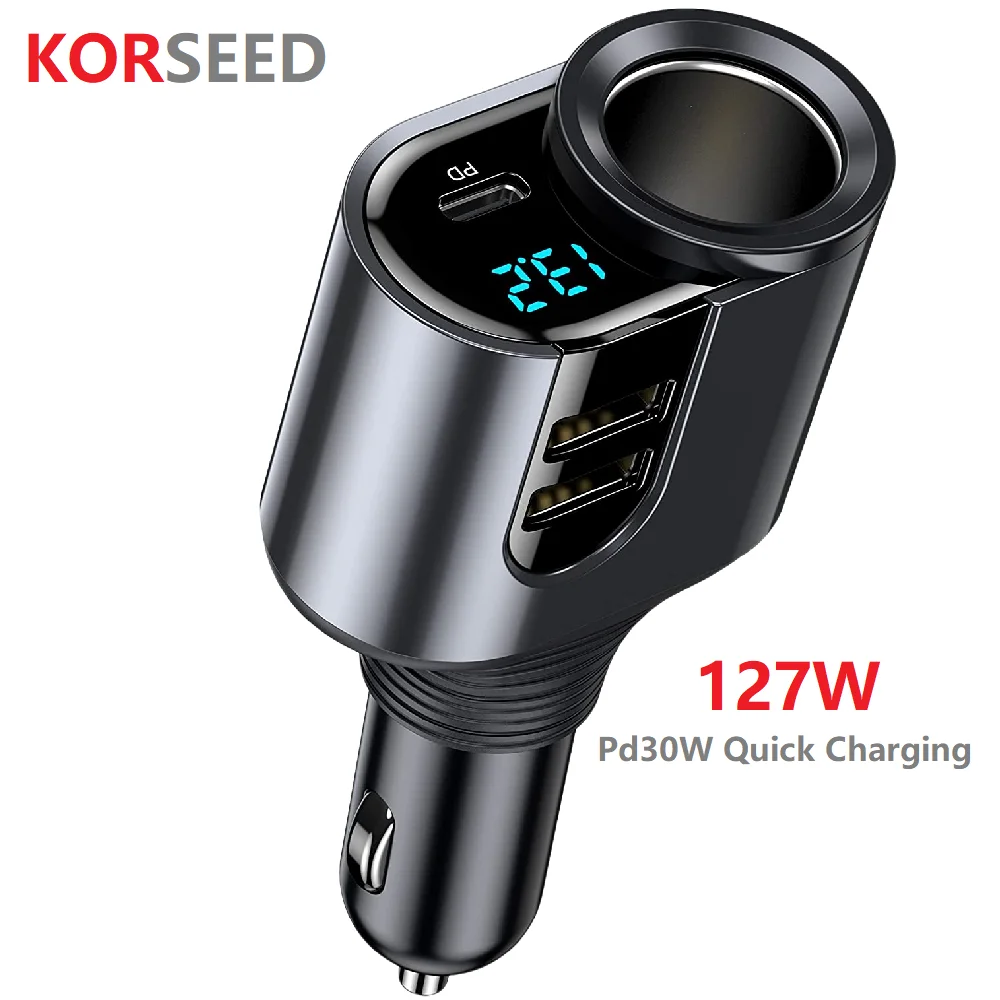Neue Auto Ladegerät Leichter Adapter 4 in 1 Auto Zigarette Splitter Typ C Dual USB Ports Spannung Display 127W fit für Auto Outlet Image