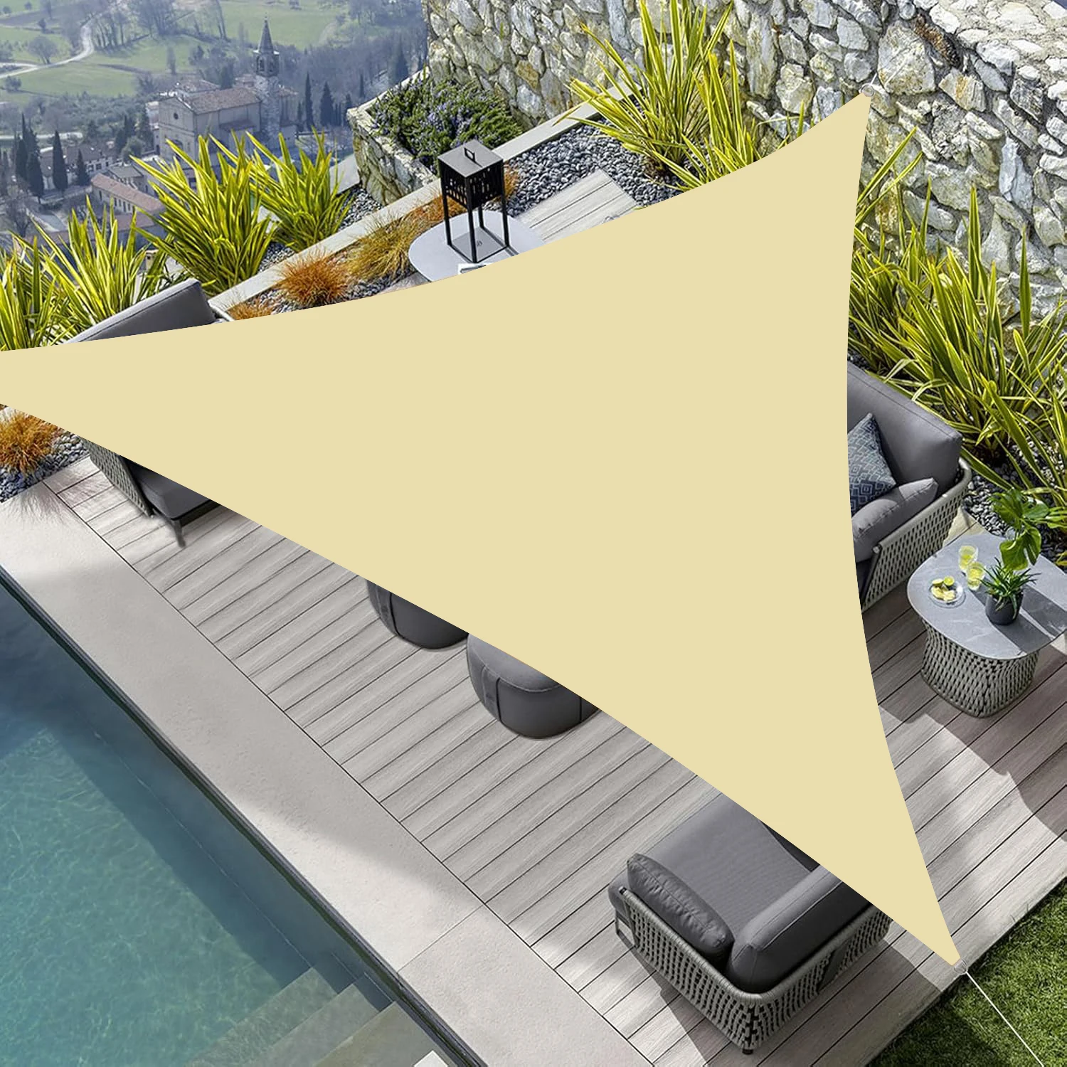 Beiges dreieckiges Sonnenschutzsegel, wasserdichtes Sonnenschutz-Sonnenschutztuch, regensichere Markise, geeignet für Balkon, Innenhof Image