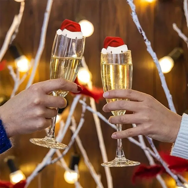 30 stücke Weihnachten Thema Wein Tasse Karte Santa Claus hut Weihnachten Tasse Karte Hut Champagner Glas Neue Jahr Feier Trinken ornamente Image