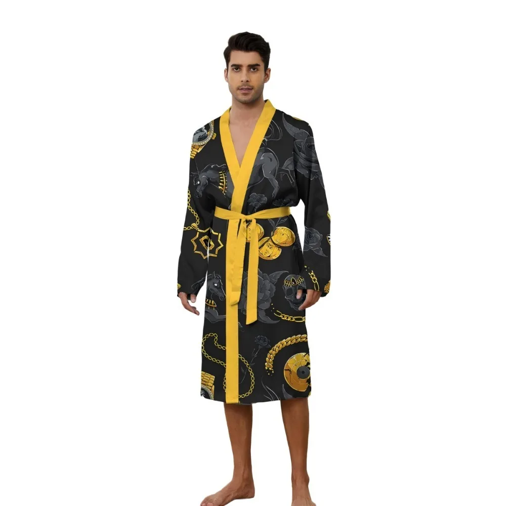 Herren-Bademäntel 2025, neues Zuhause, lässiges Nachthemd, 3D-Digitaldruck, Uhr, Pferd, Bademantel, Herren, geeignet für alle Jahreszeiten, Duschmantel Image