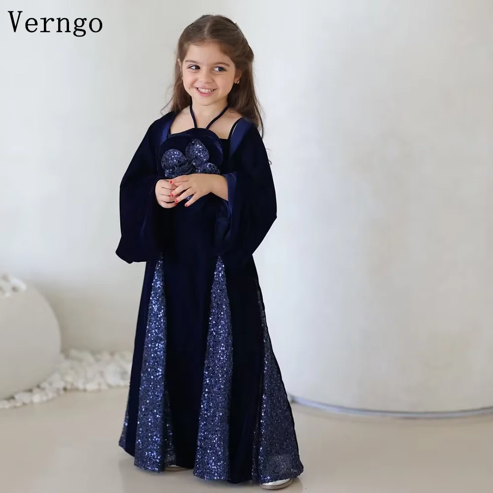 Verngo Marineblaues Prinzessin-Geburtstagspartykleid, 2-teilig, mit Pailletten, A-Linie, formelle Anlässe, Promi-Kleid für Kinder, individuell gestaltet Image