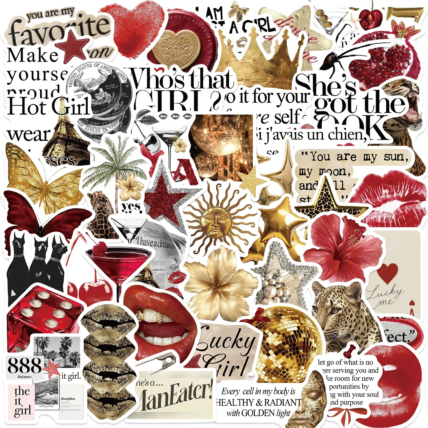 50 Stück Y2k Aufkleber Gold & Rot Glücksbringer Mädchen DIY PVC-Sticker Scrapbooking Handy Gepäck Skateboard Wasserfeste Coquette Aufkleber Image