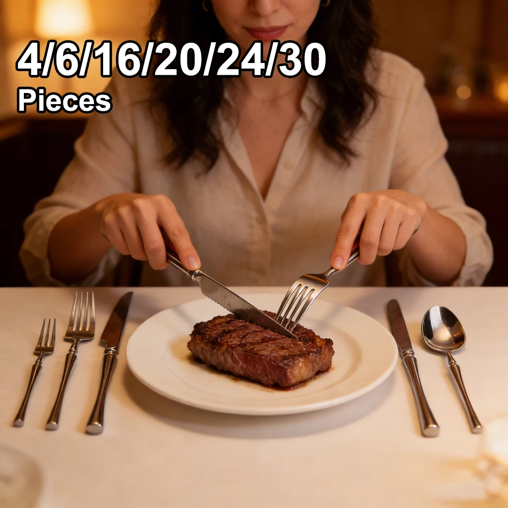4/6/12/15/16/20/24/30-teiliges Silbernes Besteck-Set aus Edelstahl 304, Elegantes Spiegelglanz-Essbesteck, Westliches Messer-Gabel-Set Image