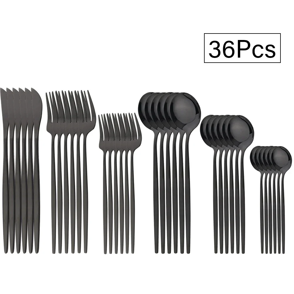 36-teiliges Besteckset aus Edelstahl, schwarzes Messer, Gabel, Löffel, Geschirr, westliche Küche, Besteck, Abendessen, Besteck-Set Image