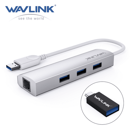WAVLINK 4-Port USB 3.0 Hub with Gigabit Ethernet Adapter Aluminum Portable USB C Hub with RJ45 10/100/1000 Mbps Ethernet LAN Network Adapter for MacBook Pro/Air iMac Nintendo Switch and More