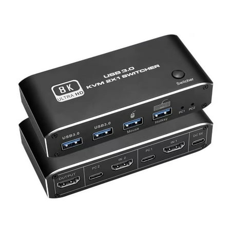 8K HDMI KVM Switch 8K USB KVM HDMI Switch 2x1 HDMI2.1 Ports + 4X USB3.0 KVM Ports Share 2 Computers one Monitor Switch Supports 8K 60Hz 4K 120Hz YUV 4:4:4 HDCP 2.3 HDR 10 Hotkey Darkish