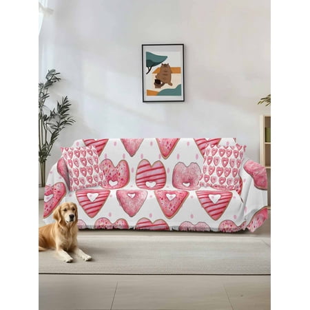 Happy Valentine s Day Couch Cover for 2 Cushion Sofa Pink Love Hearts Desserts Washable Loveseat Sofa Covers Slipcover for Sectional Sofas L-Shaped Couch Throw Cover 71 x118