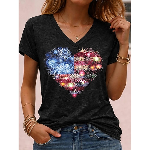 Amerikanischer Unabhängigkeitstag Damen T Shirt Druck Grafik Flagge Vintage Stilvoll Klassisch Kurzarm V Ausschnitt Normale Oberteile Täglich Blau Schwarz Weiß Rote Sommer Frühling Image