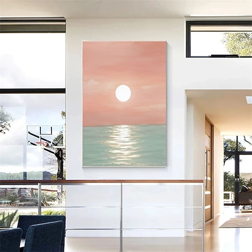 Großes Seestückgemälde, grünes Meer, Wandkunst, rosa Himmel, abstraktes Gemälde, Meereswellen, Ölgemälde, Sonnenuntergang, abstraktes Gemälde, rosa strukturierte Kunst Image
