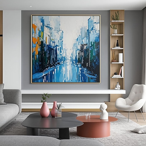 Großes blaues Leinwandbild für die Wand, abstrakte Wanddekoration für das Wohnzimmer, Stadtansicht-Gemälde, Kunstwerk für dekorative Gemälde, türkis und weiß, moderne Kunst für Büro und Schlafzimmer Image