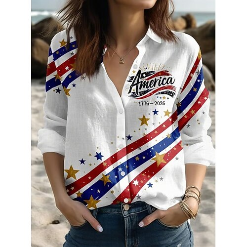 Amerikanischer Unabhängigkeitstag Damen Shirt Knöpfe Print Grafik Amerikanische Flagge Amerikas Jubiläum Vintage Stylish Modern Langarm Hemd Kragen Reguläre Tops Alltag Korallenrot Schwarz Weiß Rot Image