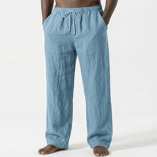 Herren Leinenhosen Hose Freizeithose Sommerhose Baggy-Hosen Tasche Elastischer Bund Gerader Schnitt Einfach Komfort Atmungsaktiv Volle Länge Lässig Täglich Ferien Urlaub Mode Schwarz Weiß Unelastisch Image