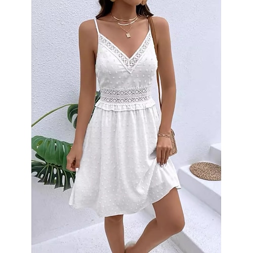 Damen Minikleid Weißes Kleid Spitzenkleid Freizeitkleid Elegant Mode Modern Outdoor Urlaub Ausgehen Normale Passform Einfach Ärmellos V Ausschnitt Weiß Sommer Frühling Image