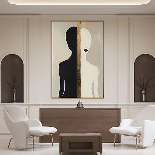 Modernes abstraktes Porträt-Ölgemälde, minimalistische Figuren-Leinwandkunst, zeitgenössische Schwarz-Weiß-Gold-Wandkunst, individuelle Gemälde, Wohnzimmerdekoration Image