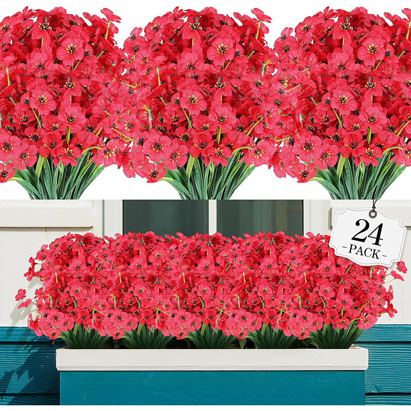 24 Bundles Artificial Flowers for Outdoor,No Fade Fake Plastic Flowers Faux Plants for Decoration Hanging Planters Indoor Outside Garden Porch Window Box Home Wedding Farmhouse