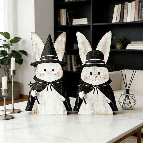2-teiliges Tischgesteck aus Holz: Hasenfamilie, Osterhasenpaar im nordischen Stil, Frühlings-Tischdekoration Regaldekoration, Bastelfiguren für die Ostereiersuche Image