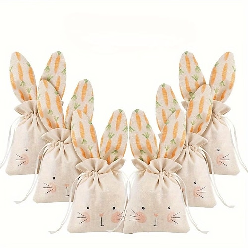 6 Hasen-Beutel mit Kordelzug, 15 x 18 cm, niedliche Karotten-Hasen-Ostergeschenkbeutel für Gastgeschenke, Süßigkeiten, Schmuck, Überraschungsverpackungen, Mitgebseltüten für Hochzeiten, Grillpartys Image