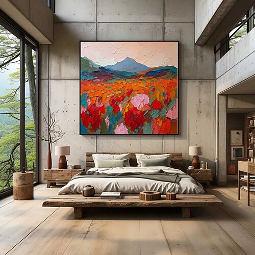 Handgemaltes Ölgemälde, abstrakte Blumenlandschaft auf Leinwand, großes Wandbild, originelle farbenfrohe Bergkunst, Frühlingsdeko, moderne Wohnzimmerdekoration Image
