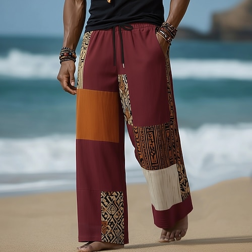 Herren Farbblock Geometrisches Muster Ethnisch Hose Baggy-Hosen Freizeithose Mittlere Taille Böhmische Vintage-Retro Heim Outdoor Urlaub Elastischer Kordelzug in der Taille Leinenähnliche Hose mit Image