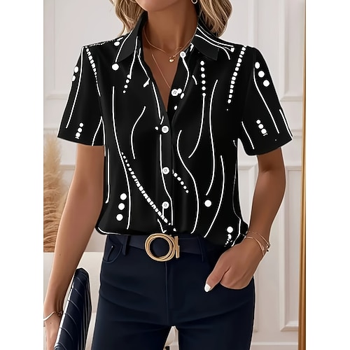 Frauenbluse Langarm Button-Down Bluse Grafisch Geometrisch Alltag Lässig Kurzarm Hemd Kragen Reguläre Oberteile Alltag Weiß Sommer Frühling Image