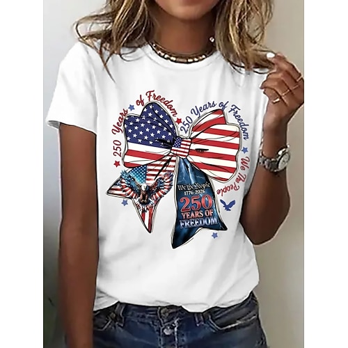 Unabhängigkeitstag patriotisches Damen T-Shirt Druck Grafik amerikanische Flagge Vintage stilvolles klassisches Kurzarm Crew Neck Rundhals reguläre Oberteile täglich Wochenende Weiß-Blau Weiß Image
