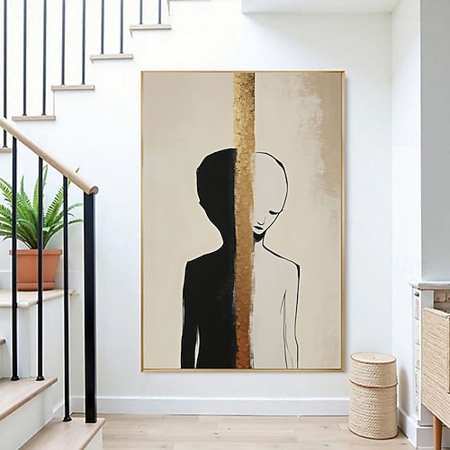 Modernes abstraktes Porträt-Ölgemälde, minimalistische Figuren-Leinwandkunst, zeitgenössische Schwarz-Weiß-Gold-Wandkunst, individuelle Gemälde, Wohnzimmerdekoration Image