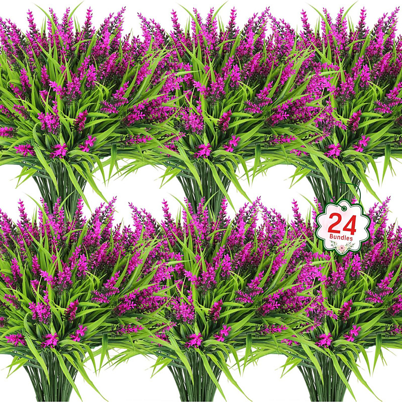 24 Bundles Artificial Flowers for Outdoors, Fake Lavender Flowers Monkey Grass Faux Plastic Plants Shrubs UV Resistant for Porch Garden Window Box Office Home Decorations