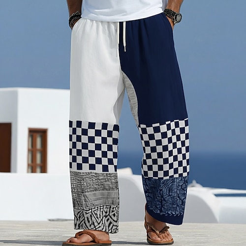 Herren Kariert Geometrisches Muster Hose Baggy-Hosen Freizeithose Mittlere Taille Mode Heim Outdoor Urlaub Elastischer Kordelzug in der Taille Leinenähnliche Hose mit Taschen Sommer Frühling 3D-Druck Image