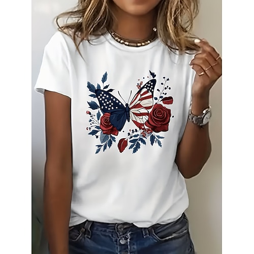 Unabhängigkeitstag Amerikanisches Jubiläum Patriotischer Damen T-Shirt Druck Grafik Amerikanische Flagge Vintage Stylisch Klassisch Kurze Ärmel Rundhals Reguläre Oberteile Alltag Wochenende Blau Weiß Image