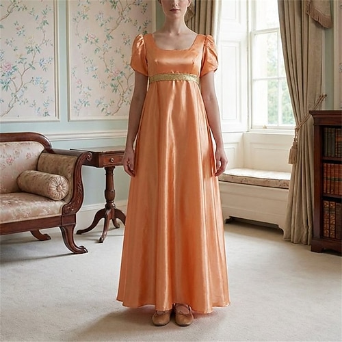 19. Jahrhundert Regency-Zeit Knöchellänge Kleid Kurze Ärmel Prinzessin Dame Edelfrau Einfarbig Quadrathals Kostüm Damen königlich Halloween Karneval Teegesellschaft LARP Renaissance-Messe Erwachsene Image