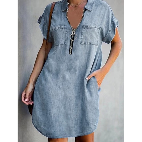 Damen Minikleid Jeanskleider Freizeitkleid Mode Modern Outdoor Urlaub Ausgehen Normale Passform Einfach Kurzarm V Ausschnitt Blau Burgunderrot Purpur Grau Sommer Frühling Image