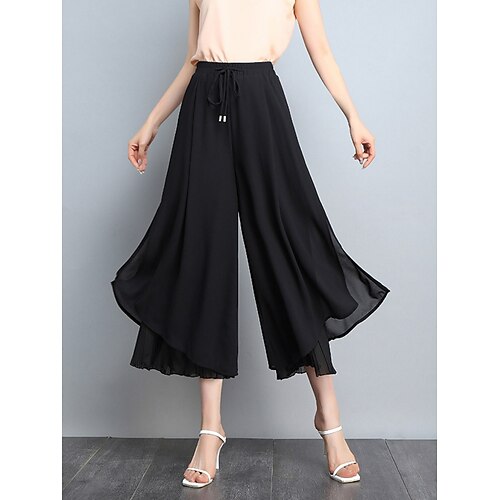Damen Weites Bein Hose Freizeithose Urlaub Mode Streetwear Wadenlang Hohe Taille Einfach Elastischer Bund Bequem Atmungsaktiv Mikroelastisch Täglich Urlaub Straße Schwarz Sommer Frühling Lässiger Image