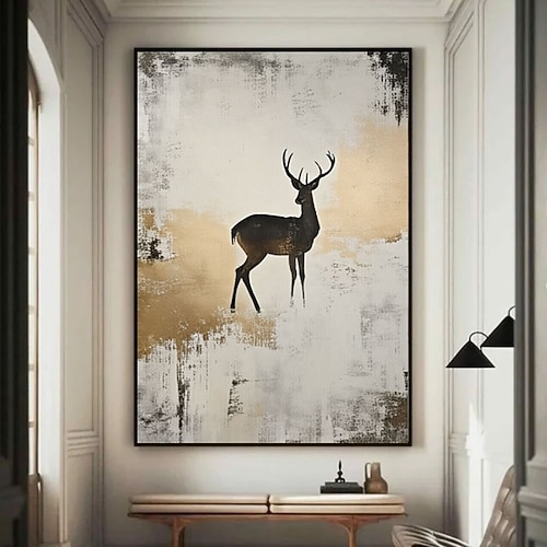Großes, handgemaltes Ölgemälde, abstraktes Gemälde eines schwarzen Hirsches in Grau-Gold-Textur, übergroßes Tierbild für die Wand im Wohnzimmer, abstrakte Leinwandkunst Image