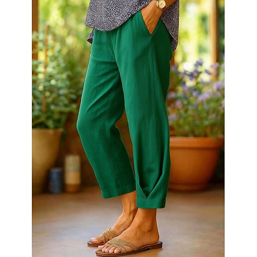 Damen Hose aus Baumwollleinen Freizeithose Gerade Urlaub Basic Lässig Volle Länge Hohe Taille Einfach Tasche Bequem Weich Mikroelastisch Täglich Outdoor Straße Blau Weiß Hellgrün Himmelblau Sommer Image