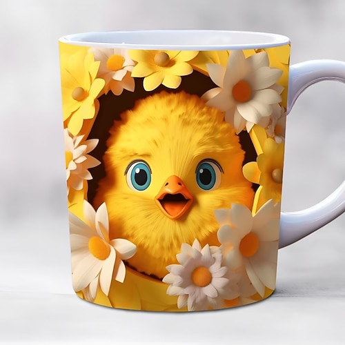 Niedlicher 3D-Kaffeebecher (325 ml) mit Katze, Kaninchen und Vogelmotiv, isolierter Keramikbecher, wiederverwendbar, nur Handwäsche, bezauberndes Tierdesign mit Blumen, perfektes Geschenk für Image