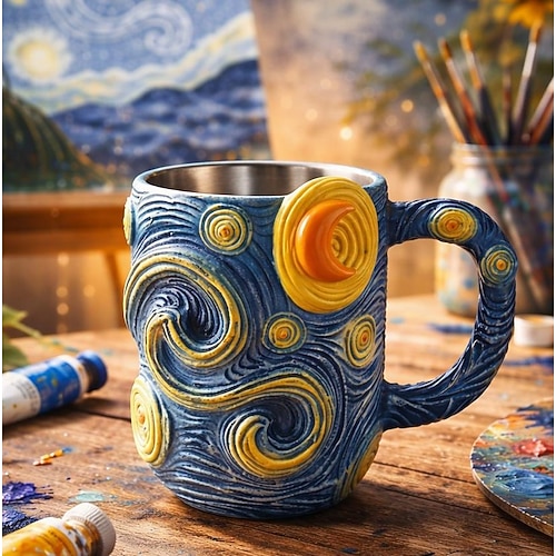 Van Gogh Sternennacht 3D-Harzbecher, handbemalte Kaffeetasse, kunstvoll gestalteter Teebecher mit Reliefprägung, künstlerisches Geschenk für Kunstliebhaber, Zuhause Bürogestaltung Image