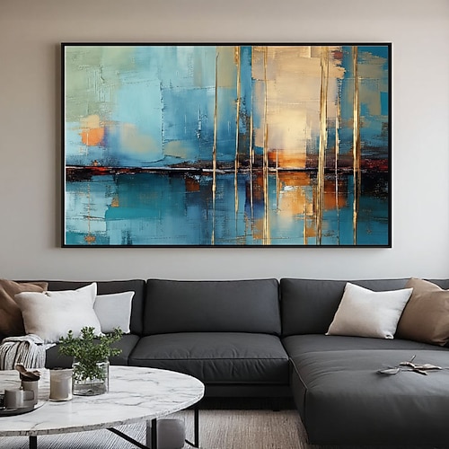 Handgemaltes abstraktes Landschaftsbild in Türkis und Gold, moderne rustikale Dekoration, abstraktes Wandbild in Blau und Gold, strukturierte Acrylmalerei, großes Leinwandbild