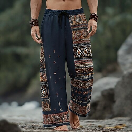 Herren Geometrisch Ethnisch Hose Baggy-Hosen Freizeithose Mittlere Taille Böhmische Vintage-Retro Heim Outdoor Urlaub Elastischer Kordelzug in der Taille Leinenähnliche Hose mit Taschen Sommer Image