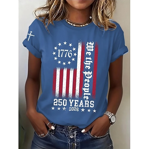 Unabhängigkeitstag Amerikanisches 250. Jubiläum Patriotisches Damen T-Shirt Druck Grafische Flagge Amerikanische Flagge Stilvoll Klassisch Lässig Kurzärmlig Rundhals Reguläre Tops Alltag Blau Schwarz Image