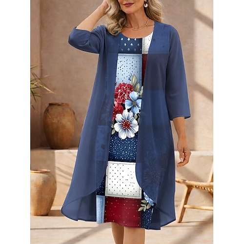 Damen Kleid-Set Shiftkleid Sommerkleid Elegant Blumen Grafik Geschichtet Druck Midikleid Dreiviertelarm Rundhalsausschnitt Täglich Urlaub Blau Purpur Grün Sommer Frühling Normale Passform Image