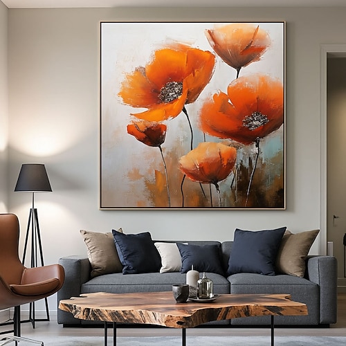 Landhaus-Retro-Ölgemälde, handgefertigte florale Leinwandbilder für das Wohnzimmer, orangefarbene Wildblumen-Wandbilder, Naturpflanzen-Blumenbilder für Badezimmer, Schlafzimmer, Wanddekoration für Image