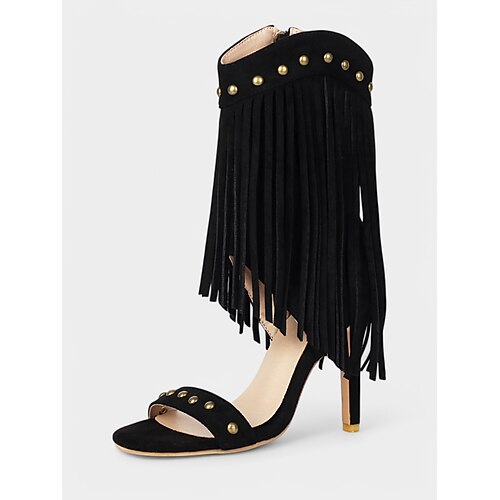 Damen-Western-Fransensandalen – braune Sandalen aus böhmischem Wildleder mit offener Spitze und Absatz und Nietendetails für den Cowgirl-Stil, Musikfestivals und Sommerausflüge Image