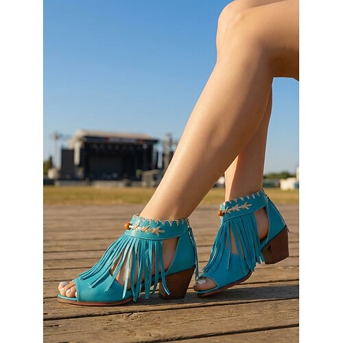 Blaue Bohemiao-Fransen-Peep-Toe-Sandalen für Damen mit Blockabsatz – Sommerschuhe im Western-Stil mit offener Spitze für Musikfestivals und Freizeitausflüge Image