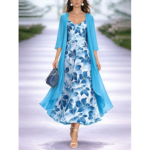 Damen Kleid-Set A Linie Kleid Elegant Urlaub Blumen Grafik Geschichtet Druck Midikleid Dreiviertelarm V Ausschnitt Täglich Urlaub Blau Purpur Grün Sommer Frühling Normale Passform Image