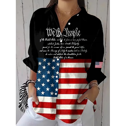 Amerikanischer Unabhängigkeitstag Damen Hemd Gerafft Blumen Grafik Flagge Vintage Stilvoll Langarm Flattrige Ärmel Glockenärmel Hemdkragen Normale Oberteile Täglich Arbeit Ferien Blau Schwarz Rot Image