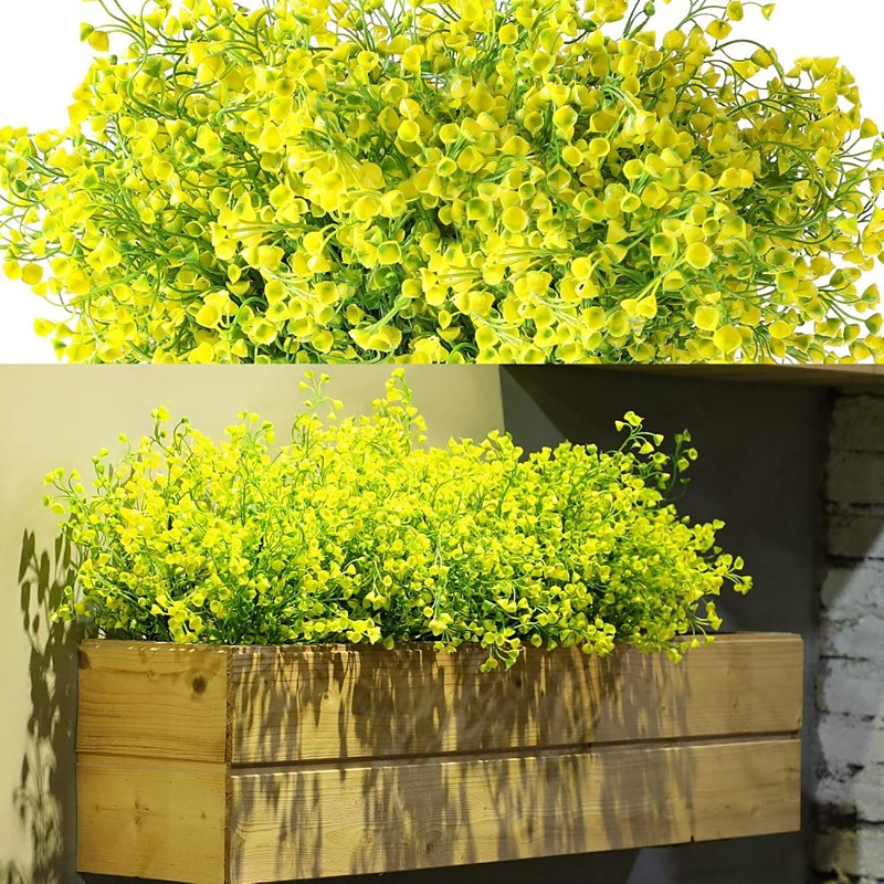 24 Bundles Spring Artificial Flowers Outdoor, UV Resistant Fake Plastic Plants, Faux Shrubs with Lily of the Valley Baby's Breath Style, Forsythia Greenery Leaves, for Home Yard Garden Porch Hanging