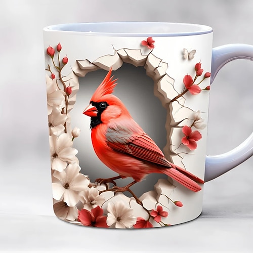 Niedlicher 3D-Kaffeebecher (325 ml) mit Katze, Kaninchen und Vogelmotiv, isolierter Keramikbecher, wiederverwendbar, nur Handwäsche, bezauberndes Tierdesign mit Blumen, perfektes Geschenk für Image