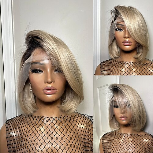 Echthaar 5x5 Verschluss 13x4 Spitzenfront Perücke Kurzer Bob Brasilianisches Haar Glatt Blond Perücke 150% 180% Haardichte Ombre-Haar Natürlicher Haaransatz 100% Unbehandelt Kleberfrei Vorgerupft Für Image