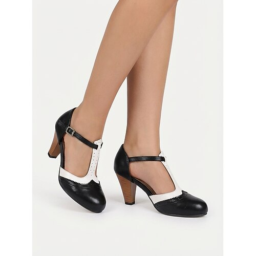 Elegante zweifarbige Mary Janes im Retro-Stil der 1950er Jahre mit Blockabsatz und Flügelkappe – perfekt für Vintage-Partys und Rockabilly-Events. Alltagskleidung Image
