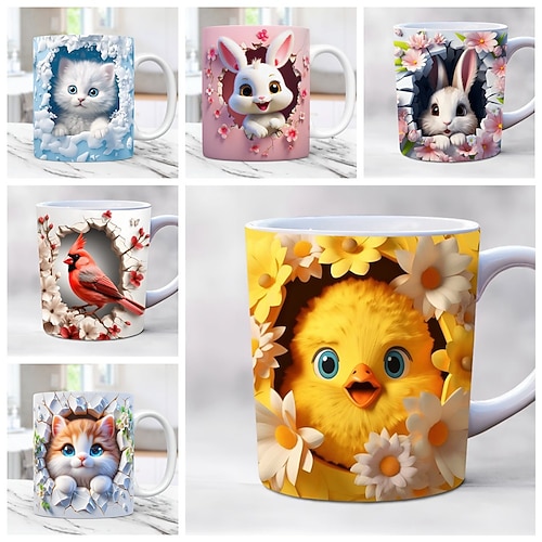 Niedlicher 3D-Kaffeebecher (325 ml) mit Katze, Kaninchen und Vogelmotiv, isolierter Keramikbecher, wiederverwendbar, nur Handwäsche, bezauberndes Tierdesign mit Blumen, perfektes Geschenk für Image